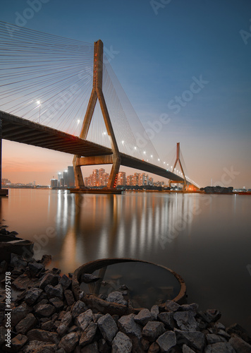 Canvas Print Guangzhou Pearl River Bridge at Night - Aerial City View