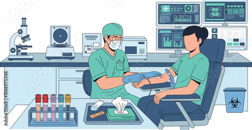 A smiling female doctor and nurse care for a patient in a hospital office with medical equipment indoors