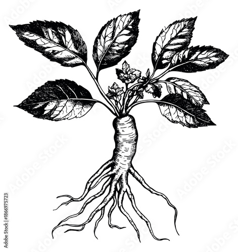Vintage hand drawn illustration of a ginseng plant depicting its roots and leaves for herbal medicine