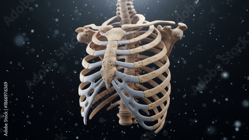 Detailed human thoracic skeleton with rib cage and spinal vertebrae structure