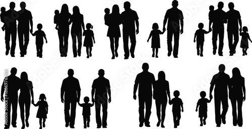 Silhouettes of Adults and Children in Ten Distinct Family Groupings for Educational, Demographic, or Design Illustration Use