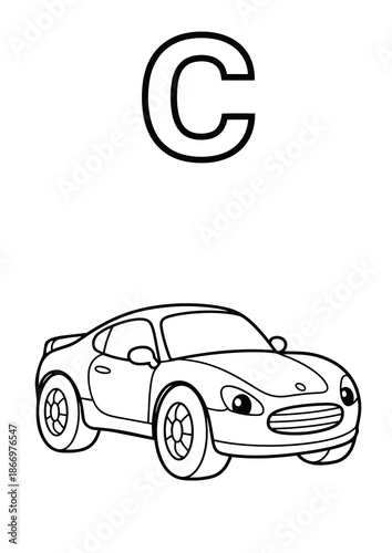 Letter C Coloring Book Page for Kids with Cute Car. Vector Outline Illustration.