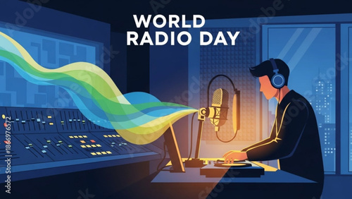 Radio host in studio with soundboard and microphone on world radio day with broadcasting and DJ and on air and podcast and music and news and audio