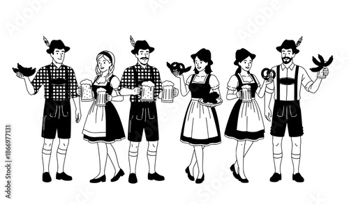 Cartoon Oktoberfest illustration with beer pretzels and Bavarian costumes
