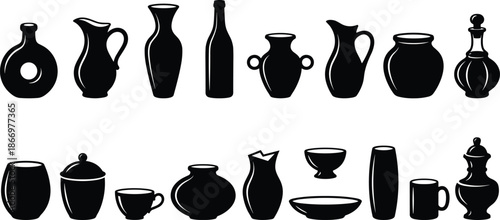 Black pottery silhouette collection vector, ceramic vases, bottles, jars and cups, traditional handmade clay vessels, minimalist design elements