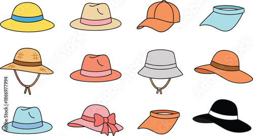 Hat vector illustration set, summer headwear collection with caps visors fedora styles, fashion accessories icons isolated