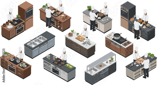 Isometric chef kitchen illustration set, professional cooks preparing food, restaurant workspace scenes, modern culinary interior design