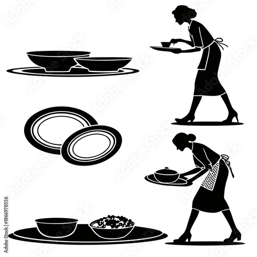 Silhouettes of people serving food