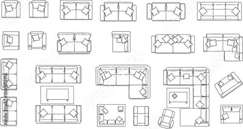 Sofa top view outline vector illustration set, living room furniture layout collection, couch floor plan icons isolated