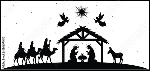 Nativity scene silhouette, birth of Jesus, holy family, Christmas illustration, black vector, wise men, angels, manger star, rel