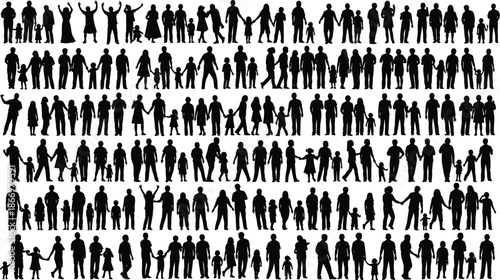   
Silhouettes of Diverse Family Groupings Including Adults and Children in Varied Poses for Demographic or Design Illustration Use