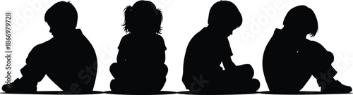Silhouettes of Four Children Sitting Quietly in Varied Poses for Introspective, Educational, or Design Illustration Use