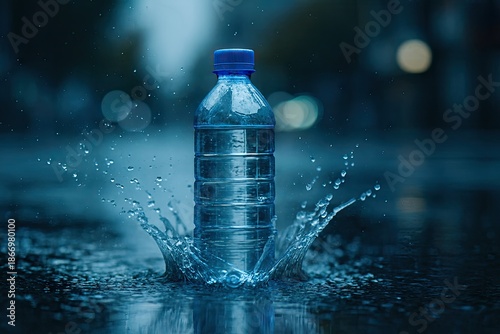 A cobalt-capped bottle stands on wet asphalt, a frozen splash radiating droplets against a blurred, glistening twilight street. Generative AI