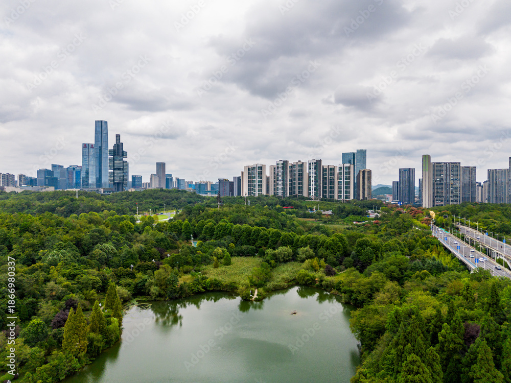 Fototapeta premium Modern City Skyline Aerial View with Forest and Lake