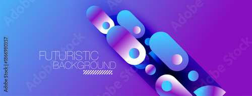 Abstract background features vibrant blue, purple gradients. Rounded shapes overlap creating dynamic visual effect. Modern design elements present.