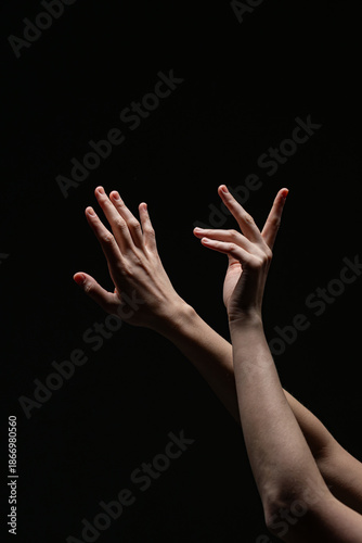 Wallpaper Mural Two expressive female hands with red nails reach upward in a delicate, artistic gesture against a black background, emphasizing contrast and form Torontodigital.ca