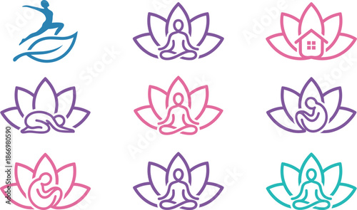 Yoga meditation lotus icon set mindfulness wellness home pregnancy fitness spirituality linear logo symbols modern vector collection