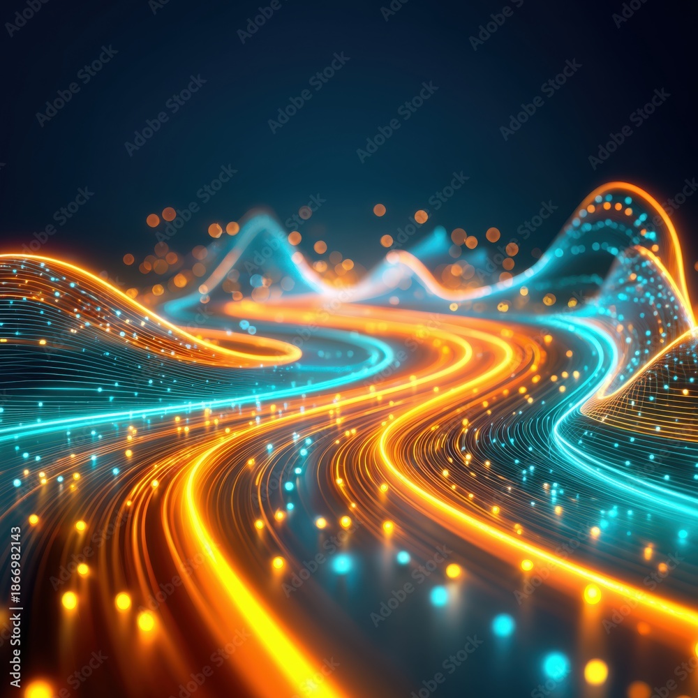 Fototapeta premium Abstract background with colorful winding light streaks and glowing particles.
