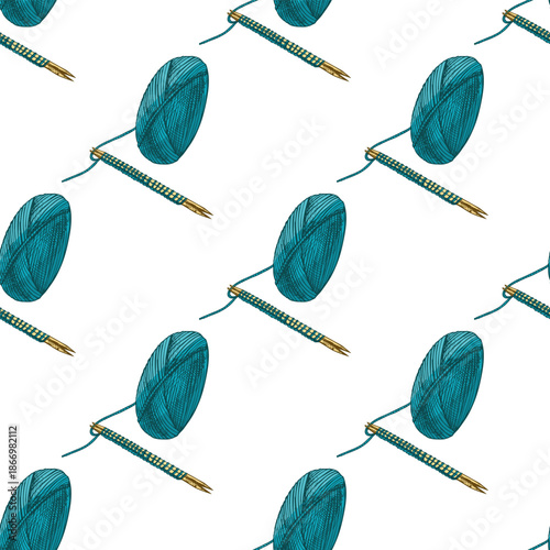 Hand drawn vintage seamless pattern of green yarn skein with knitting needle and thread