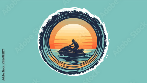 Jet ski rider silhouetted against a vibrant sunset over the ocean.