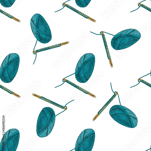 Hand drawn vintage seamless pattern of green yarn skein with knitting needle and thread