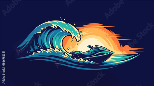 Jet ski riding a large ocean wave at sunset.