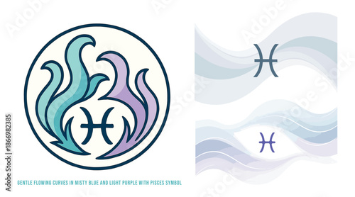 Gentle flowing curves in misty blue and light purple with Pisces symbol