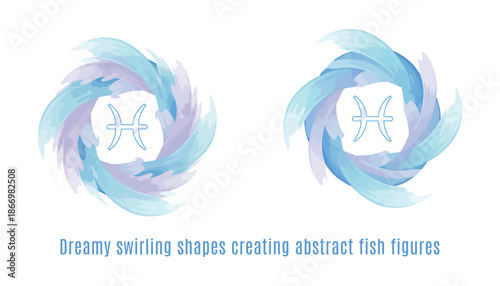 Dreamy swirling shapes creating abstract fish figures with zodiac pisces symbol.