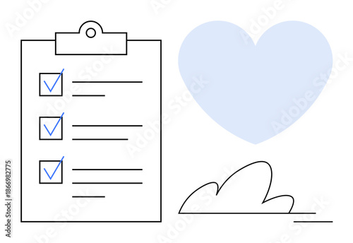 Task management, productivity, organization, self-care, planning, mental health. A checklist with checkmarks next to a blue heart symbol. Task management and productivity concepts