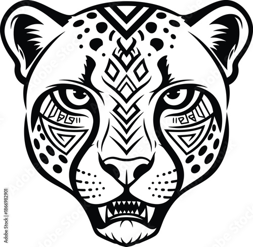 tribal jaguar head with geometric patterns