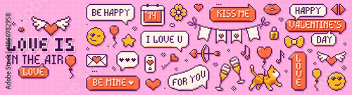 Pixel art Happy Valentine's Day elements. Cute cat with balloon, speech bubbles with love phrases, bow and arrows, emoji on pink backgrounds.
