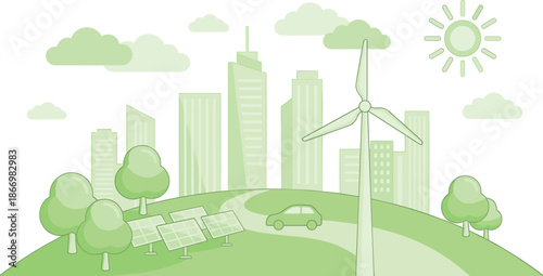 Green eco city illustration with renewable energy wind turbine solar panels sustainable urban environment clean future concept