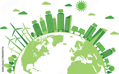 Green sustainable city illustration with renewable energy wind turbines solar panels eco buildings earth concept for clean future