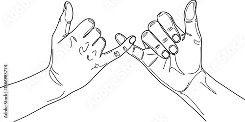 Black and white continuous line drawing of two hands making a pinky swear promise gesture representing friendship trust and lifelong commitment
