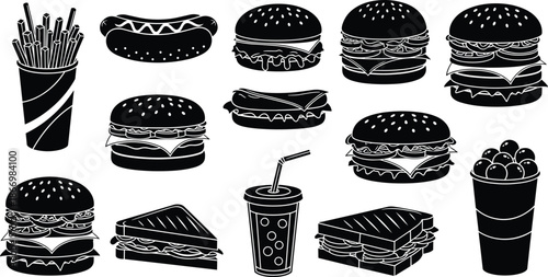 Fast Food Silhouette Icon Set Featuring Burgers French Fries Hot Dogs Sandwiches and Soda Isolated on White Background for Restaurant Menu Design