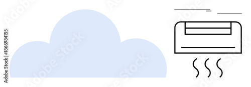 Air conditioner emitting cool air beside a soft blue cloud. Ideal for climate control, weather, comfort, energy efficiency, modern technology, indoor living, and cooling systems. Minimal flat