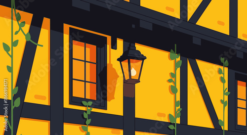 An enchanting illustration of an old European timber-framed building facade glowing warmly in the evening light with a vintage street lamp and climbing vines.