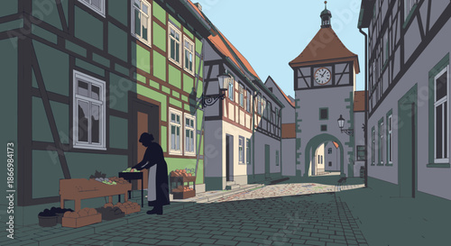 A traditional woman tends her stall on a quaint cobblestone street, flanked by half-timbered houses and a clock tower.