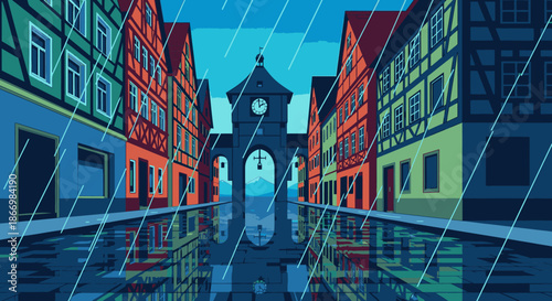 A vibrant, stylized illustration depicts a charming European town street, with colorful timber-framed houses, a clock tower, and reflections on a rainy day.