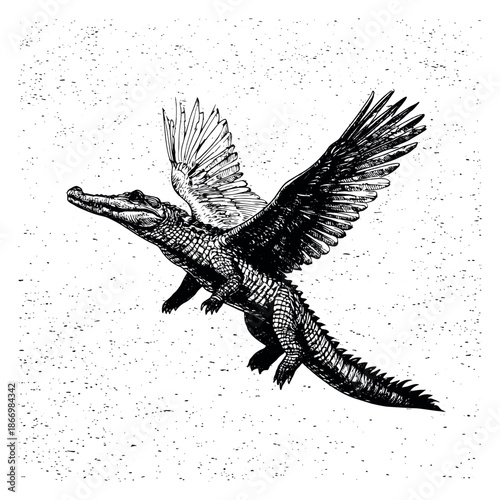 Textured hand drawn illustration of a winged crocodile depicting a mythical creature flying for fantasy or unique design projects