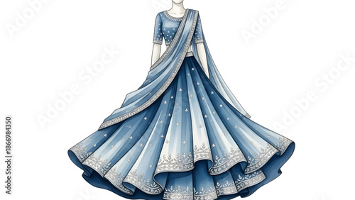 Elegant blue lehenga with intricate silver embroidery and delicate draped dupatta, perfect for traditional occasions