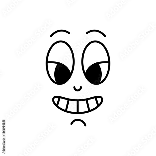 Cartoon face with quirky eyes looking sideways and crooked smile. Funny retro vector emoticon for comic designs.