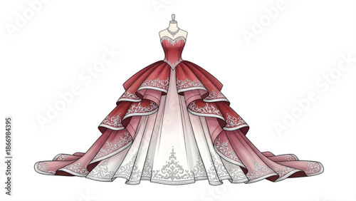 Elegant Red and White Ball Gown with Intricate Lace Details on a Mannequin, Perfect for Formal Events and Celebrations