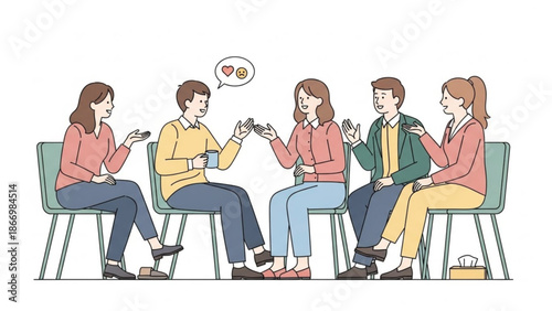 Diverse group of people in a circle sharing ideas and connecting for therapy or team building concepts isolated on white