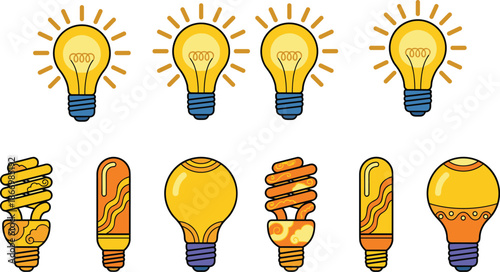 Colorful light bulb illustration set with glowing ideas energy efficient lamps creative concept flat design icons for innovation inspiration branding
