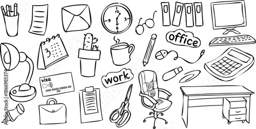 Hand drawn office work doodle illustration with desk, chair, computer, calculator, documents, stationery, clock and coffee. Black and white line art icons set for office and business