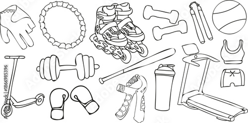 Fitness elements doodle set isolated on transparent background