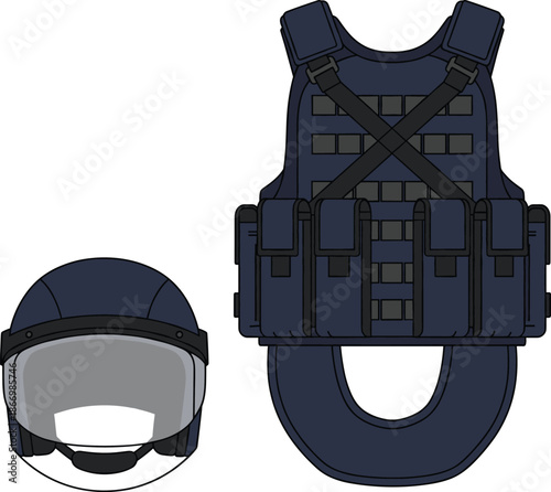 Police riot gear vector illustration showing tactical vest body armor and protective helmet equipment isolated on white background