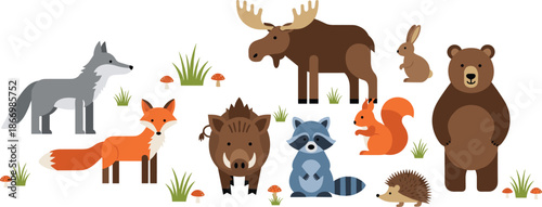 Cute forest animals vector illustration set featuring bear fox wolf moose raccoon boar squirrel rabbit and hedgehog
