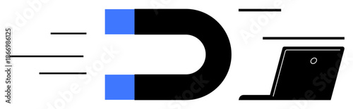 Digital marketing, technology, data collection, ecommerce, analytics, engagement. Magnet attracting laptop data flow. Digital marketing and technology connections concept